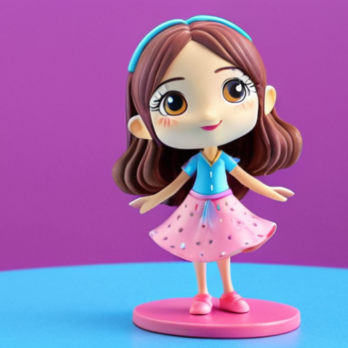 Home 7 **Tini Character Figurine**: Create an image of a vibrant figurine of Tini, the main character from TiniPing, showcasing her pink and blue details. The figurine should be displayed on a shelf with a colorful background that reflects the magical world of the series.