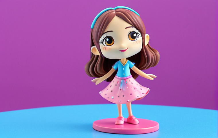 **Tini Character Figurine**: Create an image of a vibrant figurine of Tini, the main character from TiniPing, showcasing her pink and blue details. The figurine should be displayed on a shelf with a colorful background that reflects the magical world of the series.