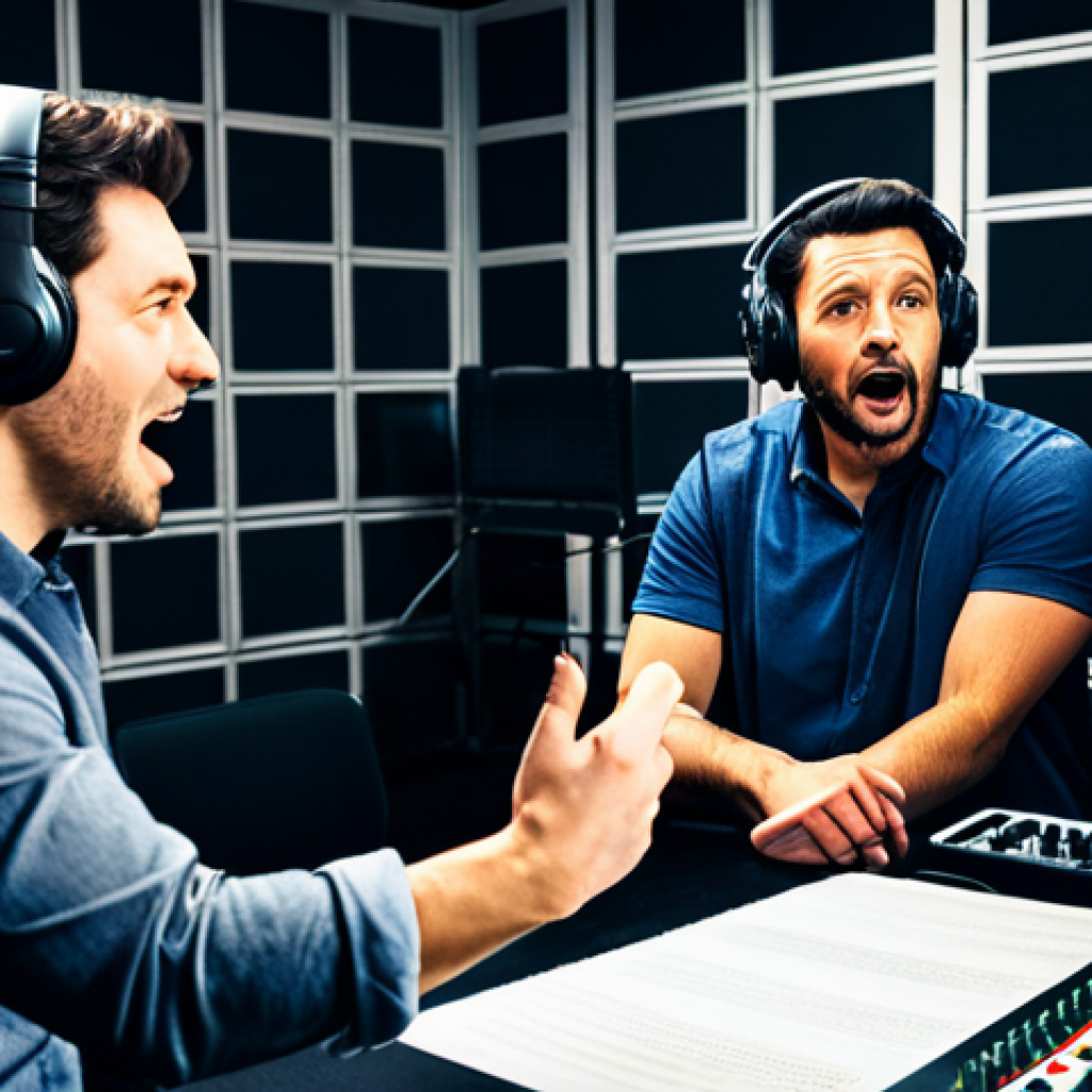 **

"A diverse group of voice actors in a modern recording studio, fully clothed, wearing professional attire, working collaboratively around microphones. The director, wearing a headset, is giving instructions with a script in hand. The atmosphere is energetic and positive, emphasizing teamwork. Background shows soundproofing panels and recording equipment. safe for work, appropriate content, professional, perfect anatomy, natural proportions, well-formed hands, proper finger count."

**