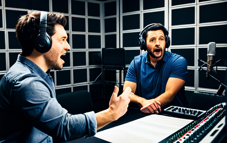 **

"A diverse group of voice actors in a modern recording studio, fully clothed, wearing professional attire, working collaboratively around microphones. The director, wearing a headset, is giving instructions with a script in hand. The atmosphere is energetic and positive, emphasizing teamwork. Background shows soundproofing panels and recording equipment. safe for work, appropriate content, professional, perfect anatomy, natural proportions, well-formed hands, proper finger count."

**