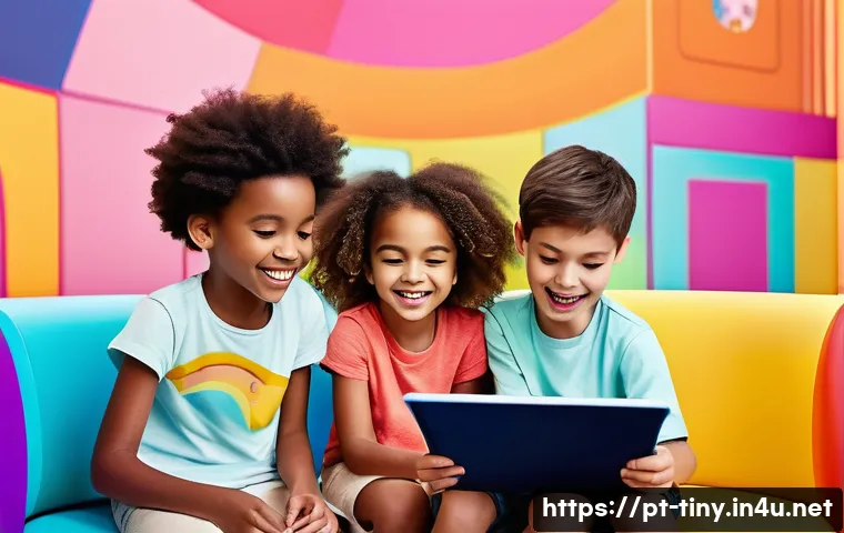 티니핑 공식 웹사이트 이용법 - **Prompt 1: Educational Digital Adventure**
    "A diverse group of three joyful children, aged 6-9,...