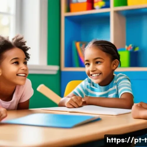 티니핑의 교육적 메시지 - A colorful and vibrant classroom scene with diverse children wearing casual clothing and playful acc...