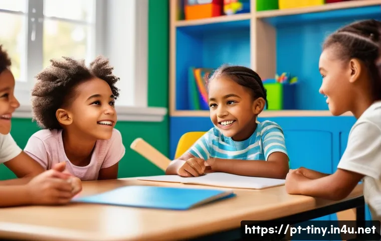 티니핑의 교육적 메시지 - A colorful and vibrant classroom scene with diverse children wearing casual clothing and playful acc...