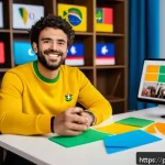 티니핑 SNS 상 인기 해시태그 - A vibrant social media workspace featuring a Brazilian content creator in casual modern attire seate...