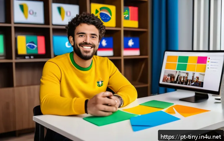 티니핑 SNS 상 인기 해시태그 - A vibrant social media workspace featuring a Brazilian content creator in casual modern attire seate...