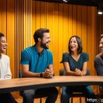 티니핑 캐릭터별 성우 목록 - A vibrant animated recording studio scene featuring four diverse voice actors—two women and two men—...