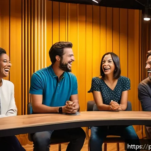 티니핑 캐릭터별 성우 목록 - A vibrant animated recording studio scene featuring four diverse voice actors—two women and two men—...