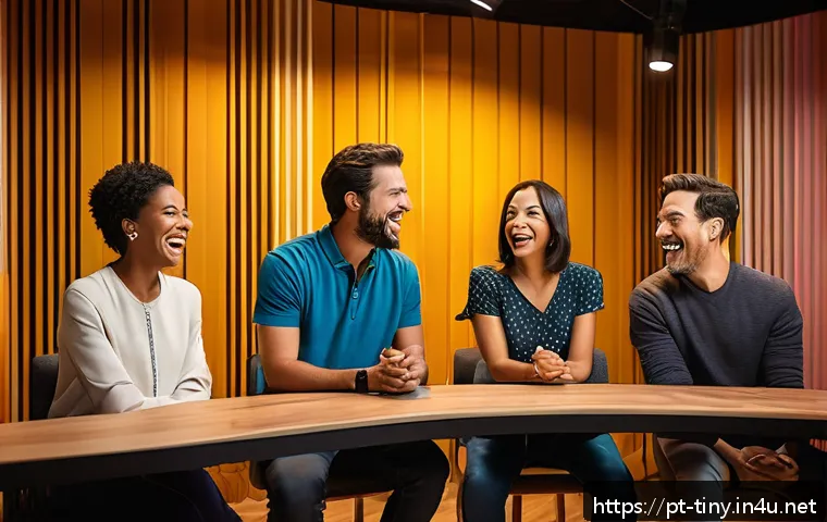 티니핑 캐릭터별 성우 목록 - A vibrant animated recording studio scene featuring four diverse voice actors—two women and two men—...