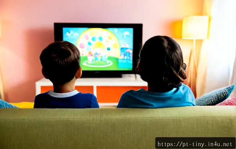 Home 17 티니핑 방영 시간과 채널 정보 - Photorealistic cozy Portuguese family living room at early evening, a parent and two school-age chil...
